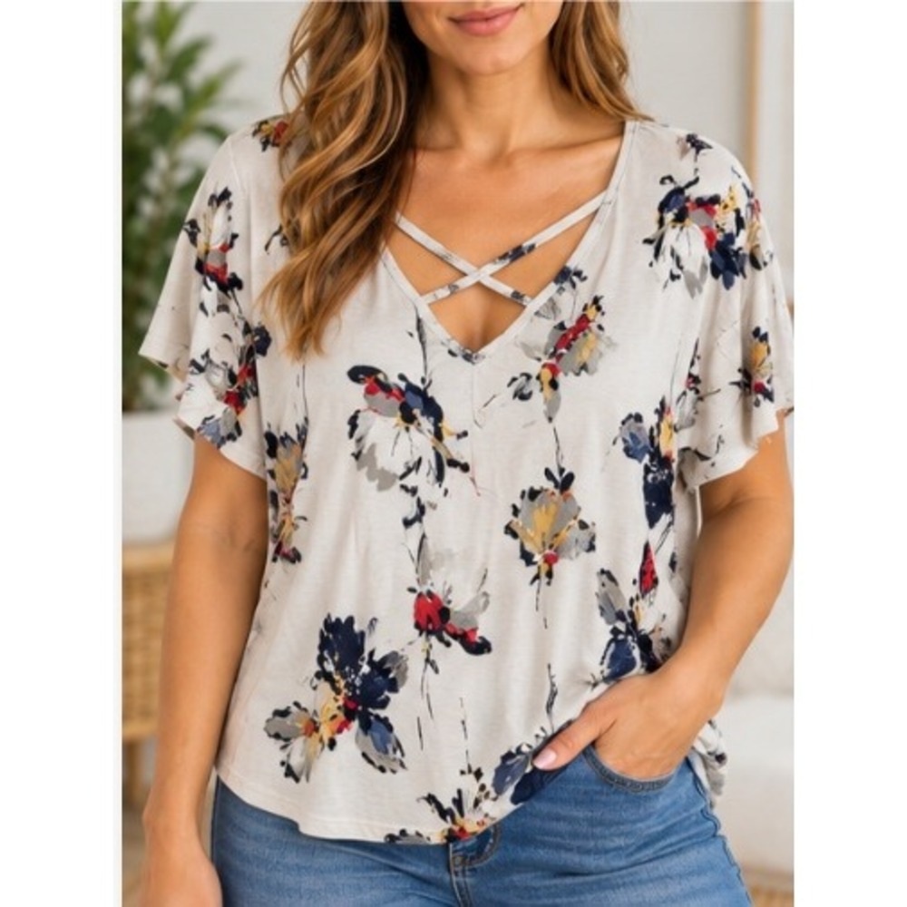 Floral Crisscross Back Flutter Sleeve Top White Navy Yellow Red Size Small_243